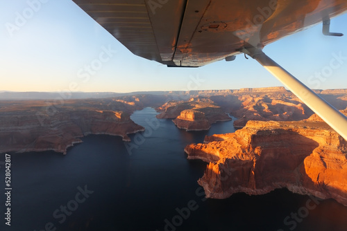 The lake Powell from the plane on a sunset photo