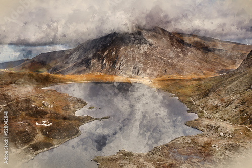 Digital watercolour painting of Aerial view of flying drone Epic dramatic Autumn landscape image of Llyn Idwal in Devil's Kitchen in Snowdonia National Park with gorgeous light