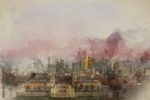 Digital watercolour painting of LONDON, JANUARY 30, 2022 - Epic sunrise view of Canary Wharf in London at sunrise with beautful soft light and all landmark building visible