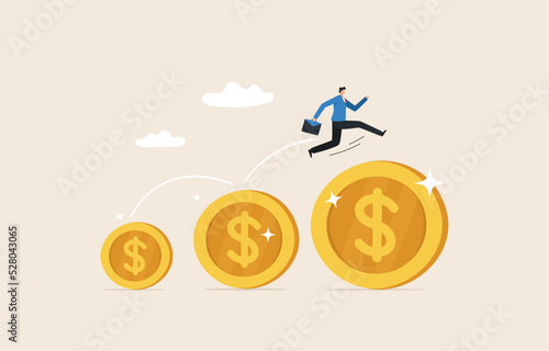 Extensive financial or economic growth. .Income or profit from the stock market or investment. Financial guru expert. .wealth management. Businessman running on gold coins arranged in a row.