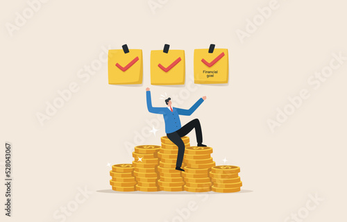 Financial goals wealth management and investment plans to achieve goals. Businessman or investor sits on a pile of gold coins.