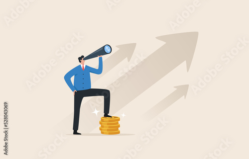 Business or Investment, Opportunity and Market Prediction. Investor vision. .Businessmen use binoculars to look for financial opportunities.