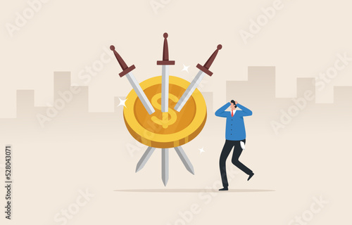Financial problems. Debt, loan payment or mortgage problem. Financial mistake losing money.  Three swords are embroidered on the money coin. Destitute Businessman.