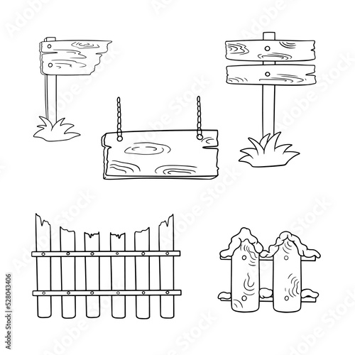 Monochrome set of icons, Vintage wooden objects, along the fence, square sign and pointer, vector cartoon