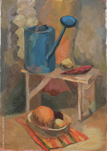 still life painting, picture of a watering can on a bench next to a large dish with pumpkin and onion. academic classic technique with gouache paint