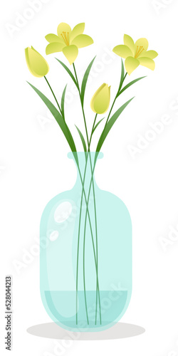 Yellow lily flowers in a vase isolated vector element. Yellow lilies bouquet in a glass vase, white background. 