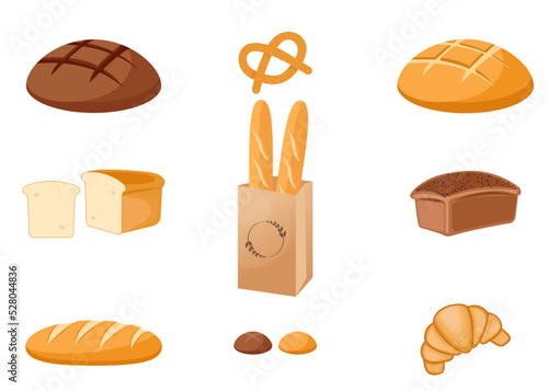Different kinds of bread isolated on white. Pastry products, bread loaf, french baguette, and croissant. Bakery whole grain and wheat products illustration set. Assortment for shop
