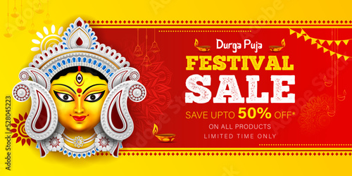 happy durga puja festival sale banner template design navaratri sale banner design with durga maa face illustration
