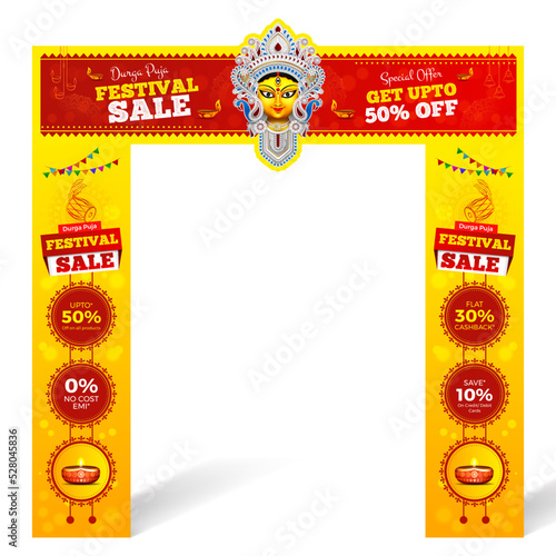 happy durga puja festival sale banner, navaratri festival offer banner template design with goddess durga face illustration