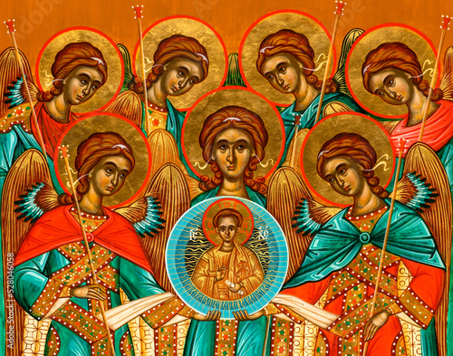 Close-up detail of an orthodox icon depicting the Synaxis of the Holy Archangels painted in the Byzantine style.