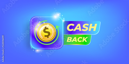 vector money cash back horizontal banner design template with cash back icon and coins isolated on modern blue background. 3d cashback bonus or money refund label horizontal banner