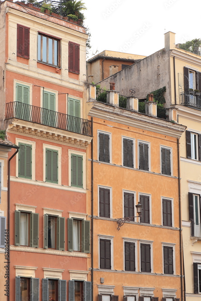Piazza di Spagna Square Colorful Traditional Building Facades Close Up in Rome, Italy