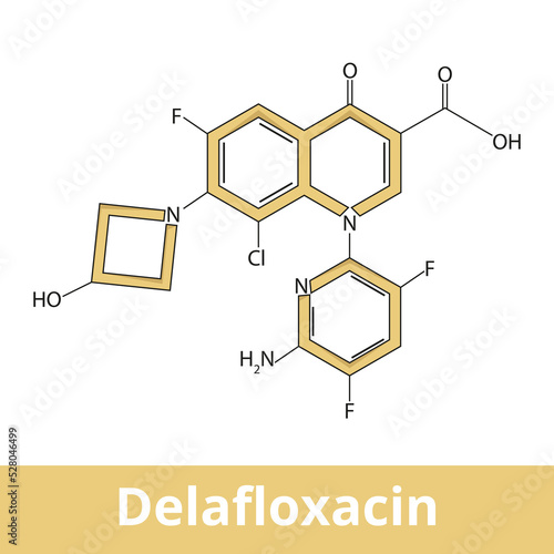 Delafloxacin.	A fluoroquinolone antibiotic used to treat acute bacterial skin and skin structure infections or community-acquired bacterial pneumonia. Chemical structure.