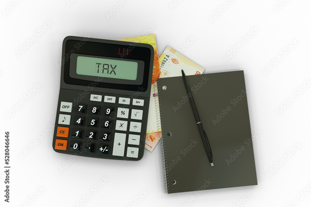 3D rendering of a composition of Argentine peso notes, a calculator, a note book and a pen isolated on dark background. Tax background design concept 3D rendering of a composition of Argentine peso notes, a calculator, a note book and a pen isolated on dark background. Tax background design concept