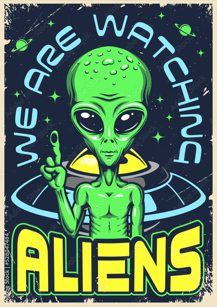 Alien watching vintage poster colorful