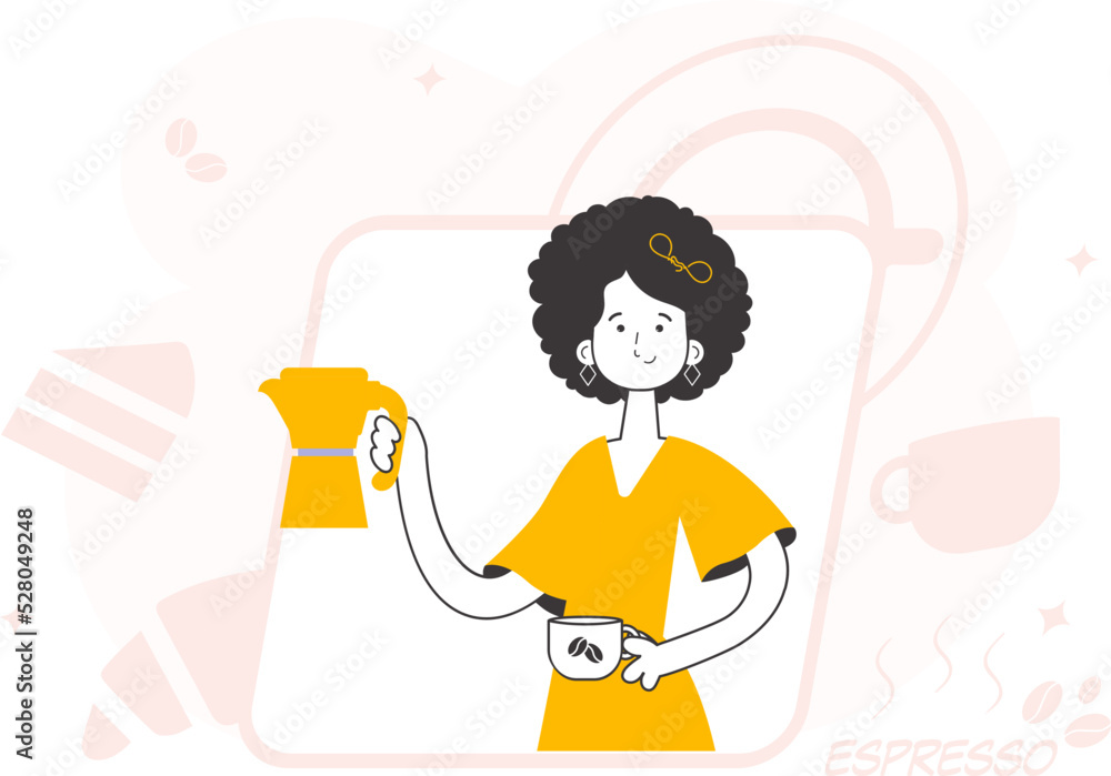 The girl serves coffee. Line art trendy style. Vector. The girl serves coffee. Line art trendy style. Vector.