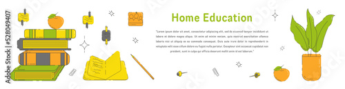 Home Education Banner With Books, Note Pad, Home Plant, Apple and Other Objects. Perfect for Websites, Social Media, Printed Materials, etc.
