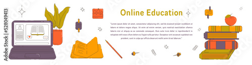 Vector Banner With Laptop, Books, Note Pad, Home Plant, Apple and Other Objects. Perfect for Websites, Social Media, Printed Materials, etc.