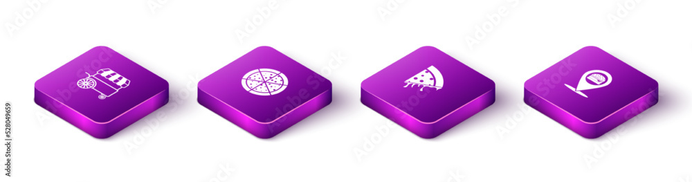 Set Isometric Fast street food cart, Pizza, Slice of pizza and Location with burger icon. Vector Set Isometric Fast street food cart, Pizza, Slice of pizza and Location with burger icon. Vector