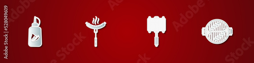 Set Ketchup bottle, Sausage on the fork, Barbecue steel grid and grill with sausage icon. Vector