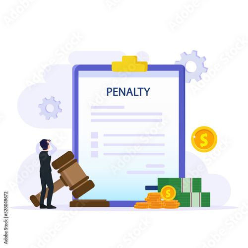 Penalty vector concept. Stressful businessman looking at a charge and expense punishment notice.