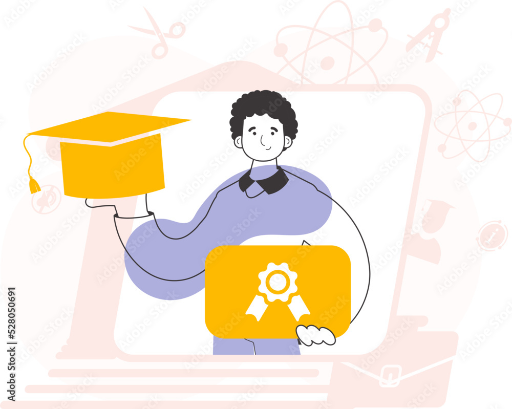 The student guy is holding a diploma. Line art style. Vector illustration. The student guy is holding a diploma. Line art style. Vector illustration.