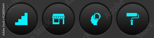 Set Staircase, Market store, Man dreaming about buying house and Paint roller brush icon. Vector
