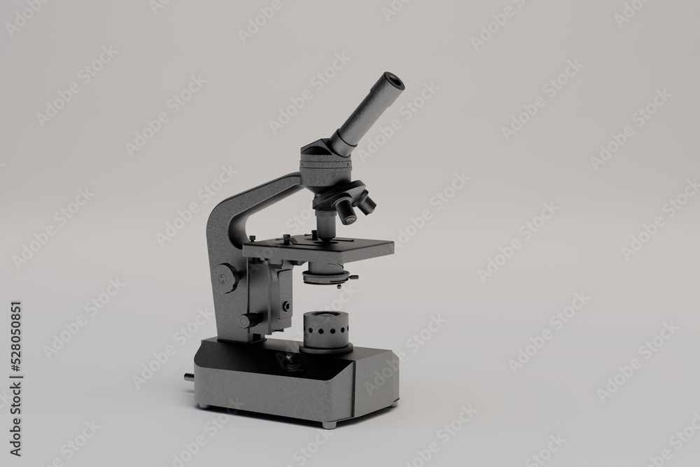 study of microorganisms under a microscope. microscope on a white background. copy paste, copy space. 3d render study of microorganisms under a microscope. microscope on a white background. copy paste, copy space. 3d render