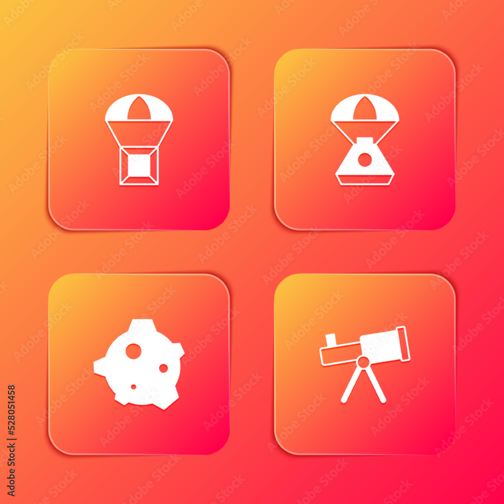 Set Box flying on parachute, Space capsule, Asteroid and Telescope icon. Vector Set Box flying on parachute, Space capsule, Asteroid and Telescope icon. Vector