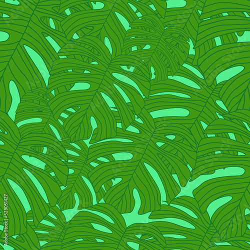 Contoured outline monstera silhouettes seamless pattern. Palm leaves endless background. Botanical wallpaper.