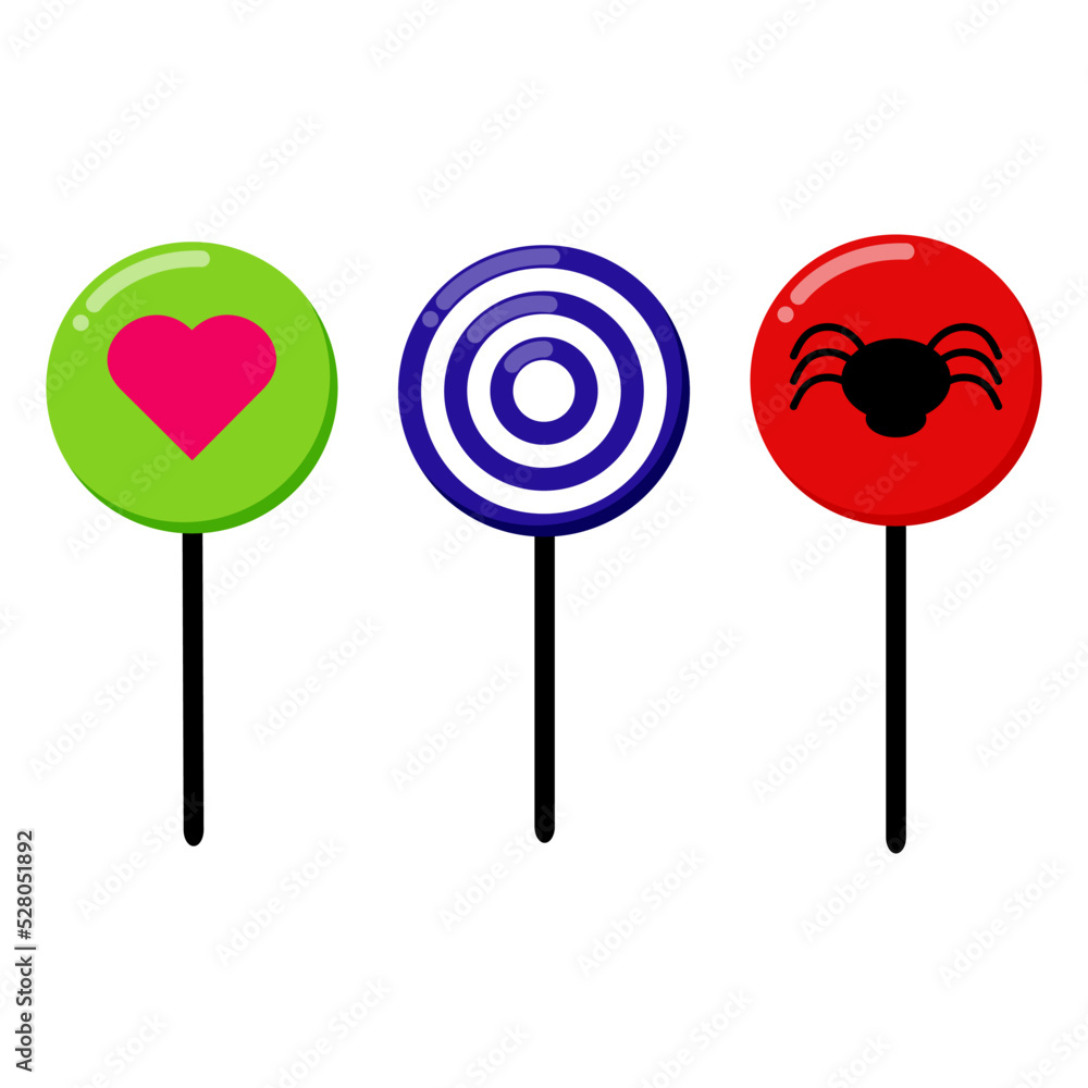 Sweet lollipops with Halloween pattern, twisted hard sugar candies stick. Vector cartoon set of caramel lollipops Sweet lollipops with Halloween pattern, twisted hard sugar candies stick. Vector cartoon set of caramel lollipops