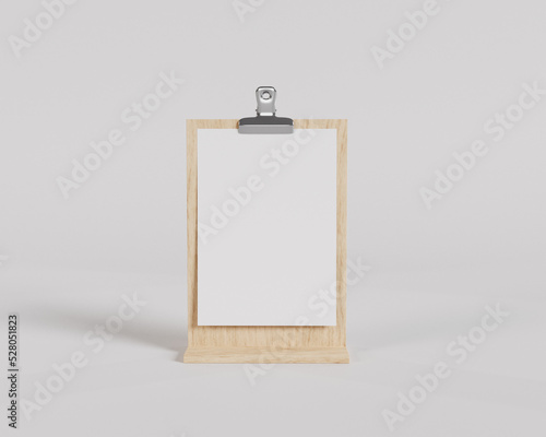 Standing Wood Clipboard mockup, menu board, 3d render, 3d rendering