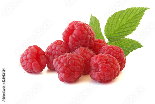 Tasty raspberries with leaves isolated on white