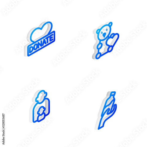 Set Isometric line Donate child toys, Donation and charity, Taking care of children and water icon. Vector