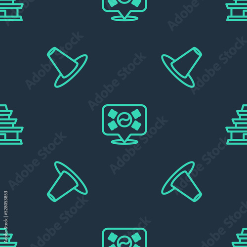 Set line Location South Korea, Korean hat and temple on seamless pattern. Vector