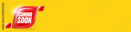 Coming soon horizontal banner and red button on yellow modern background. vector coming soon sticker, label, icon, logo and badge isolated on stylish grey background