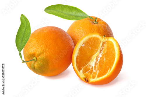 Two whole oranges with with leaves and half isolated on white