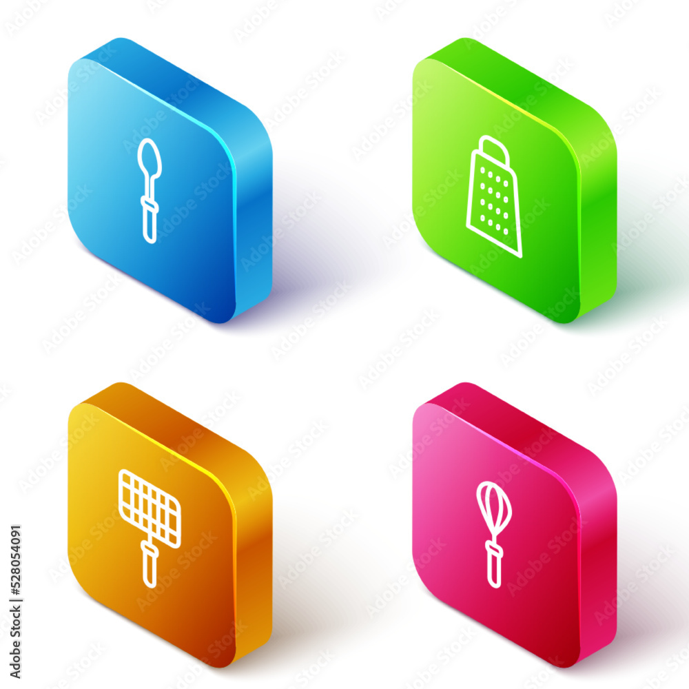 Set Isometric line Teaspoon, Grater, Barbecue steel grid and Kitchen whisk icon. Vector Set Isometric line Teaspoon, Grater, Barbecue steel grid and Kitchen whisk icon. Vector