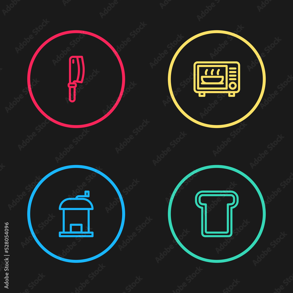Set line Manual coffee grinder, Bread toast, Microwave oven and Meat chopper icon. Vector Set line Manual coffee grinder, Bread toast, Microwave oven and Meat chopper icon. Vector