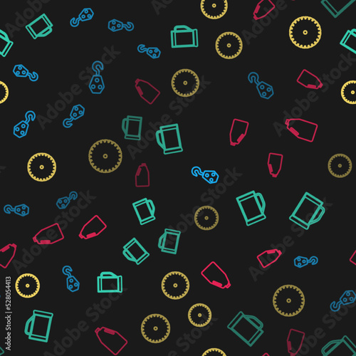 Set line Industrial hook, Glass of beer, Circular saw blade and Household chemicals bottle on seamless pattern. Vector