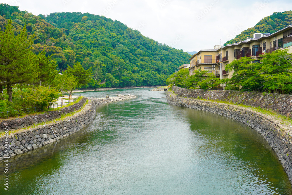 Uji river and To no Shima, Tachibanajima Island in Uji, Kyoto, Japan Uji river and To no Shima, Tachibanajima Island in Uji, Kyoto, Japan