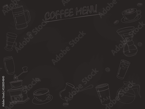 Coffee drinks menu with beverage contours and copy space drawn on blackboard vector illustration