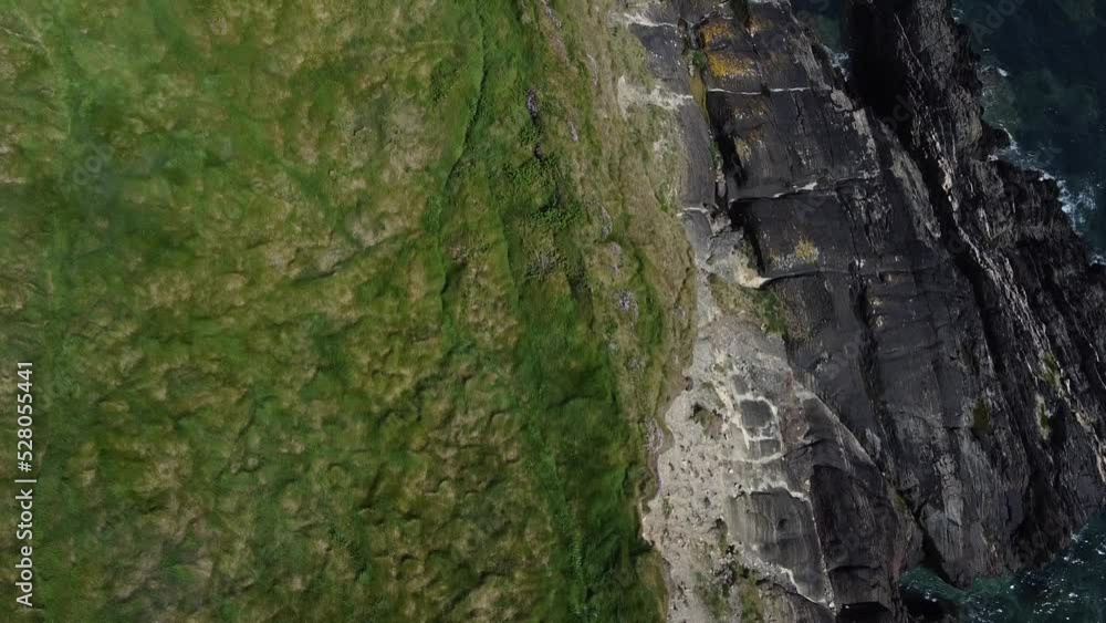 Thick green grass on the shore of the Celtic Sea. Seaside landscape, footage from a drone in full hd format. The blue waves of the Atlantic. Thick green grass on the shore of the Celtic Sea. Seaside landscape, footage from a drone in full hd format. The blue waves of the Atlantic.