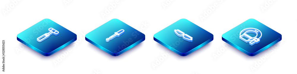 Set Isometric line Neurology reflex hammer, Pipette, Safety goggle glasses and Tomography icon. Vector Set Isometric line Neurology reflex hammer, Pipette, Safety goggle glasses and Tomography icon. Vector