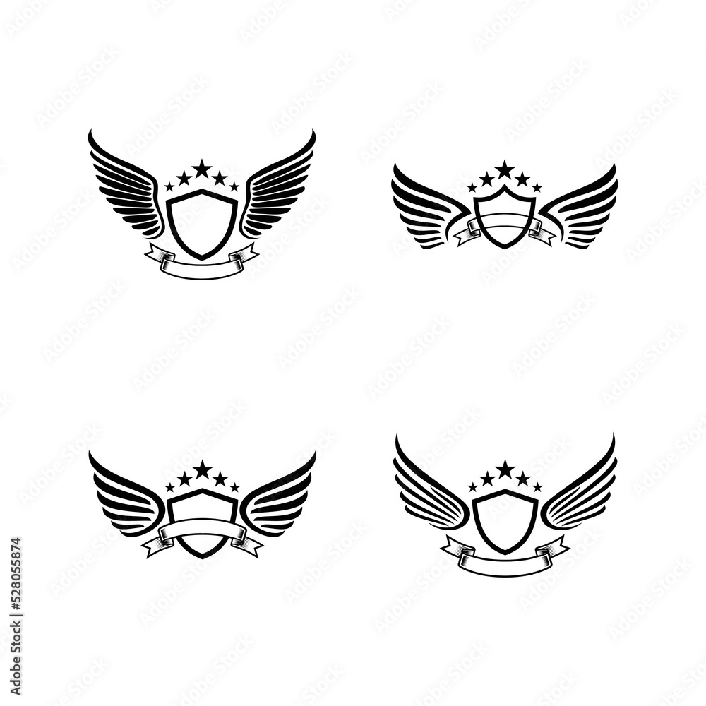 Set of black wings icons. Wings badges. Collection wings badges. Vector illustration. Set of black wings icons. Wings badges. Collection wings badges. Vector illustration.