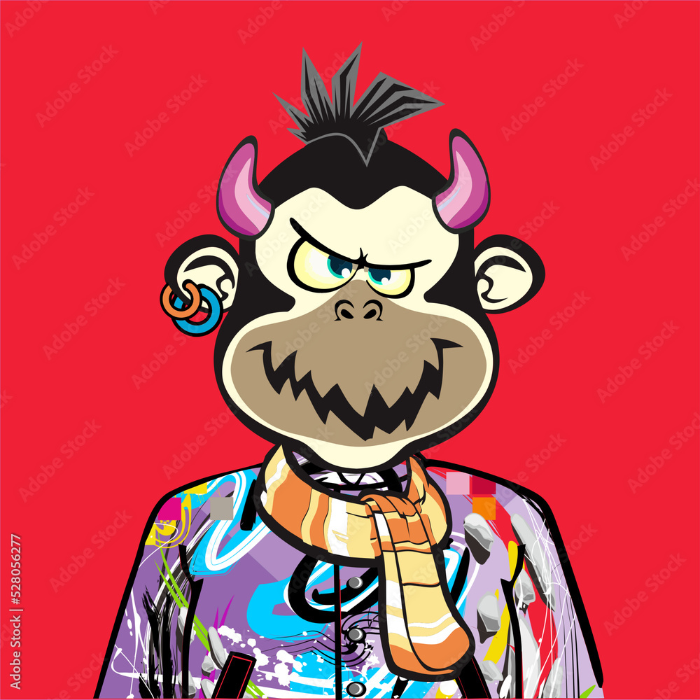 Monkey Art Punk with different emotion character. Unique property used like abstract pattern clothe, hair punk, Glasses, Hat colour, and bandana and pastel colour background Monkey Art Punk with different emotion character. Unique property used like abstract pattern clothe, hair punk, Glasses, Hat colour, and bandana and pastel colour background