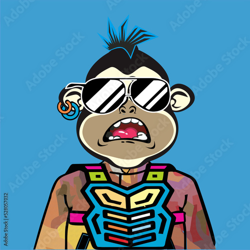 Monkey Art Punk  with different emotion character. Unique property used like  abstract pattern clothe  hair punk   Glasses  Hat colour  and bandana and pastel colour background