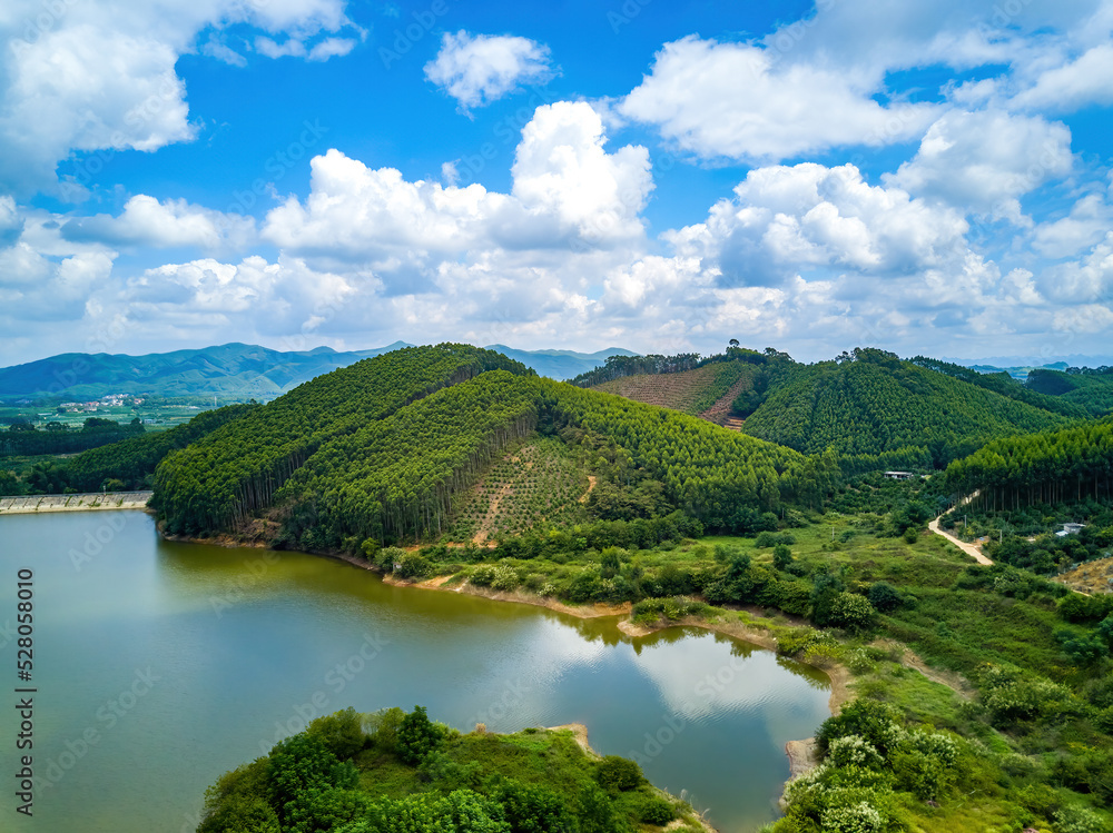 Scenic reservoir lake outdoors in Guangxi, China