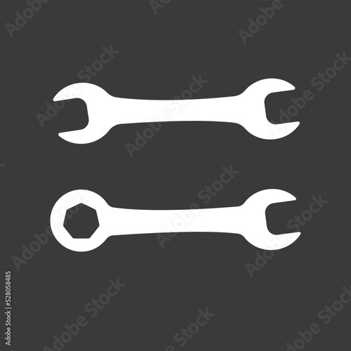 Wrench icon. Car service icon. Double Open End Wrench icon white isolated on black. Repair Icon. Vector Logo Template. Two wrench icon. Wrench silhouette	
