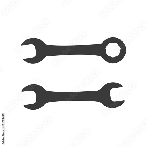 Car service icon. Double Open End Wrench icon black circle isolated on white. Repair Icon. Vector Logo Template. Two wrench icon. Wrench silhouette	
